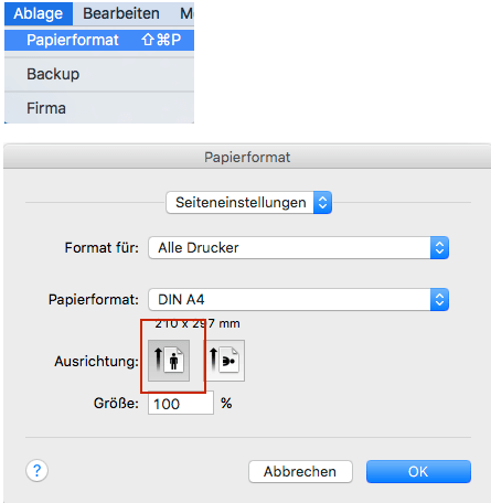 Fakturierung - Software, Einstellung des Papierformats