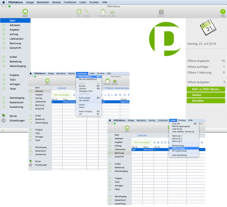 PiDA faktura, das Rechnungsprogramm für den Mac und PC.