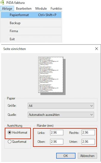 PiDA faktura Papierformat unter Windows einstellen