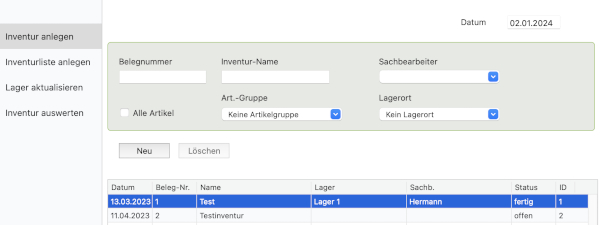 Inventur in PiDA faktura