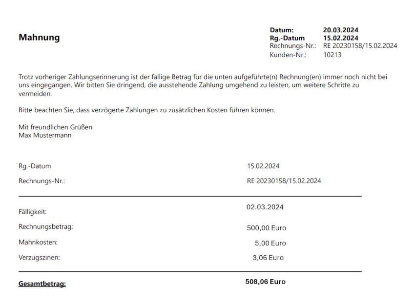Mahnung mit Mahnkosten und Mahnzinsen