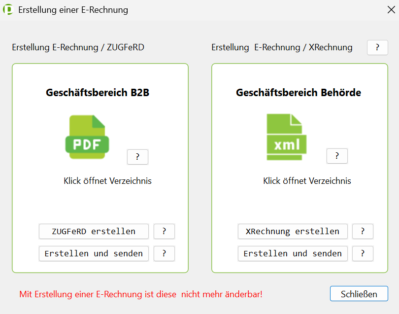 Auswahl der E-Rechnung in PiDA faktura