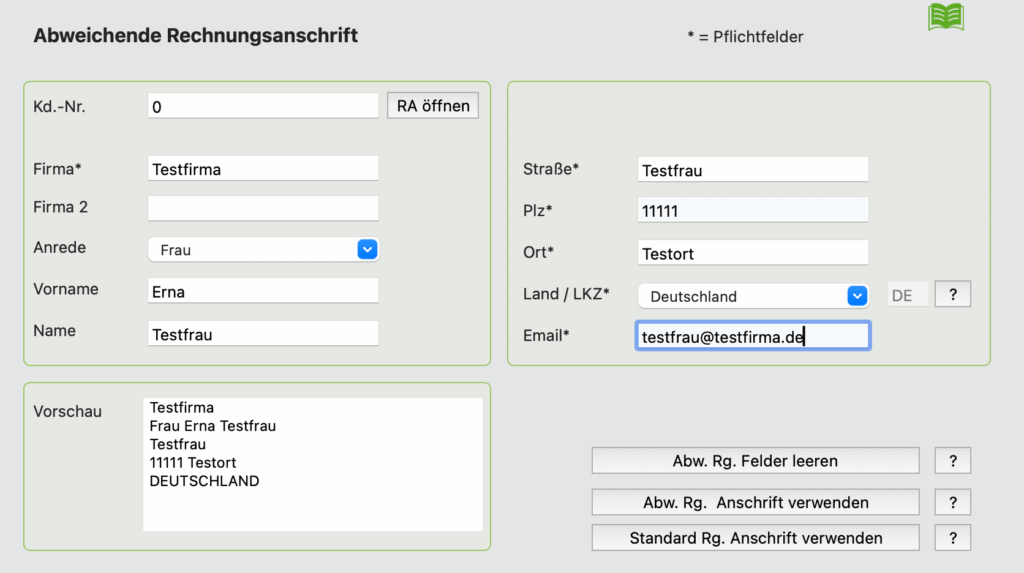 erfassung einer abweichenden Rechnungsanschrift