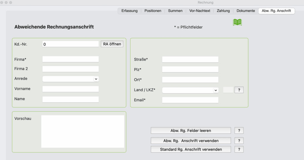 Registerseite abweichende Rechnungsanschrift