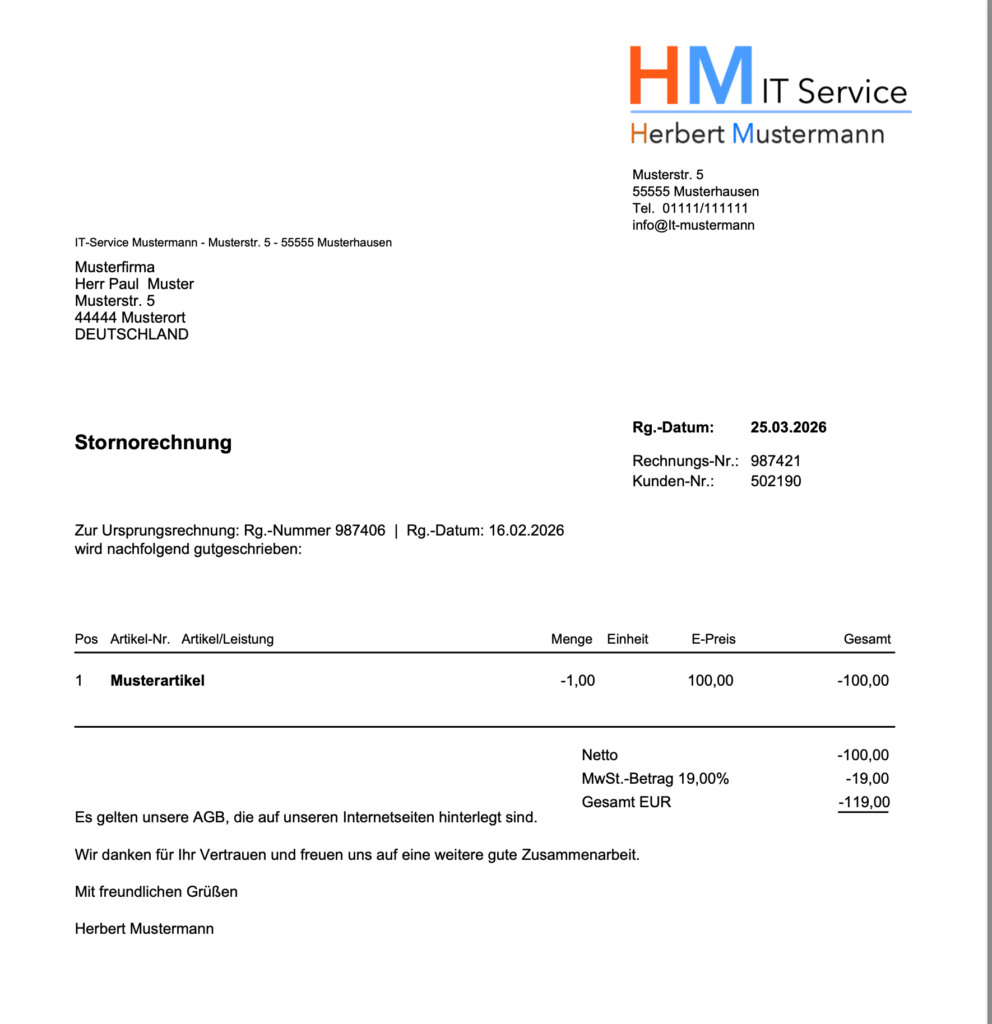 Beispiel-Stornorechnung in PiDA faktura