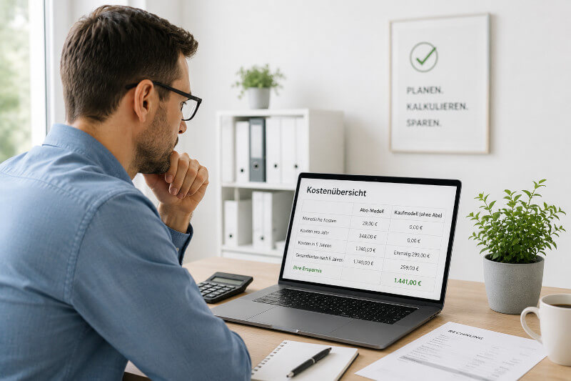 Unternehmer vergleicht Rechnungsprogramm ohne Abo mit laufenden Softwarekosten