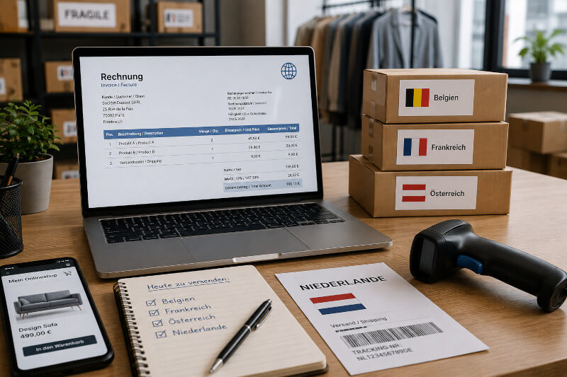 Mehrsprachiges Rechnungsprogramm für einen Onlineshop mit Rechnungen und Versand an Kunden im Ausland