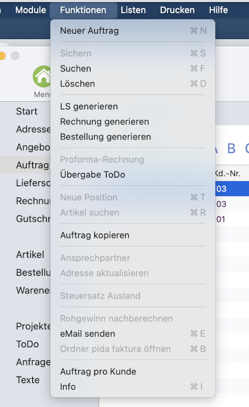 Screenshot der Auftragsverwaltung in PiDA faktura mit geöffnetem Funktionsmenü zum Erstellen von Lieferscheinen, Rechnungen und Bestellungen.